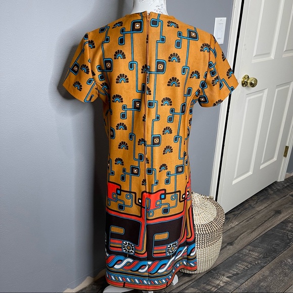 Vintage 70s Lady Carol Orange Print Secretary Geometric Sheath Dress Medium - Picture 2 of 4